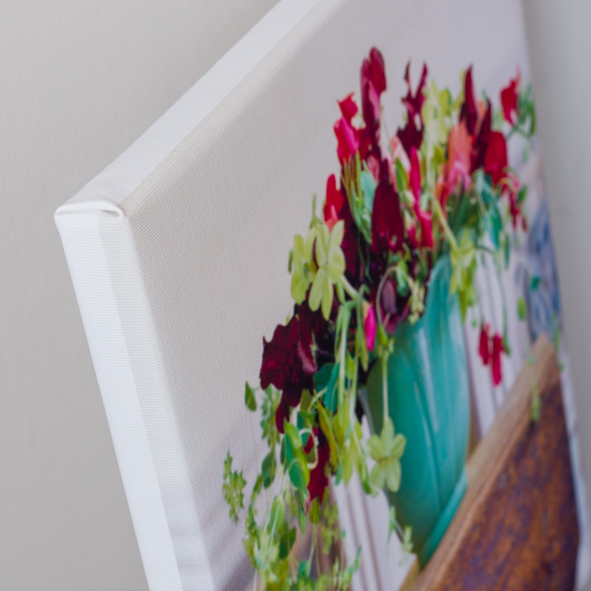 August Bloom — canvas corner detail, gallery wrapped, white border edge, 14x14