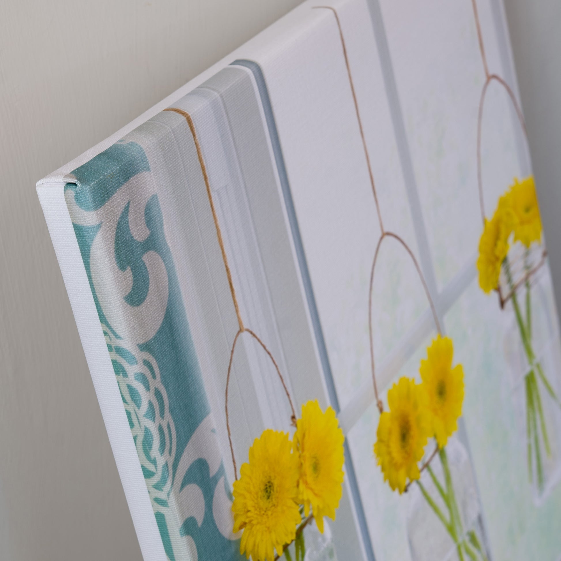 Dancing Daisies — canvas corner detail, gallery wrapped, white border edge, 14x14