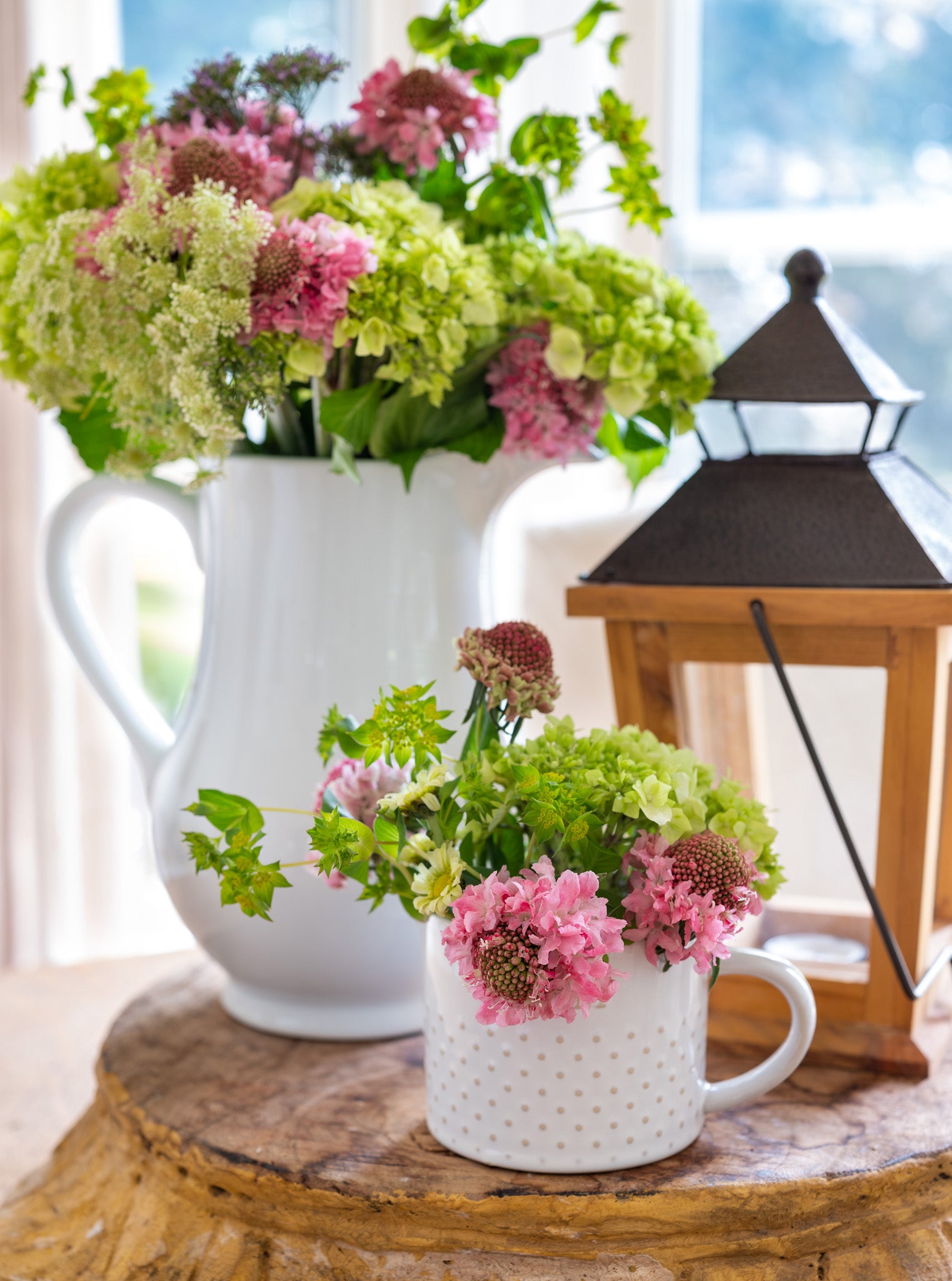 Gathered — mixed blooms in polka dot mug and ironstone pitcher with lantern, botanical fine art photography 14x19