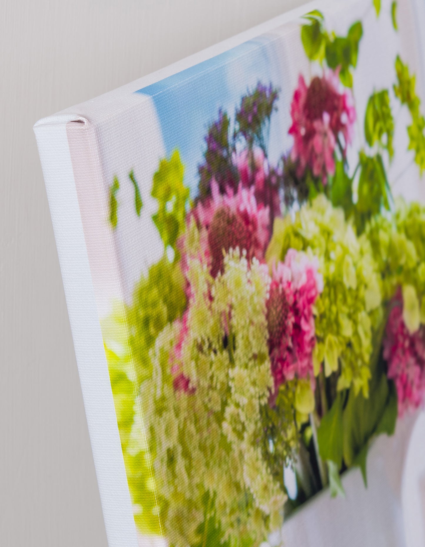 Gathered — canvas corner detail, gallery wrapped, white border edge, 14x19