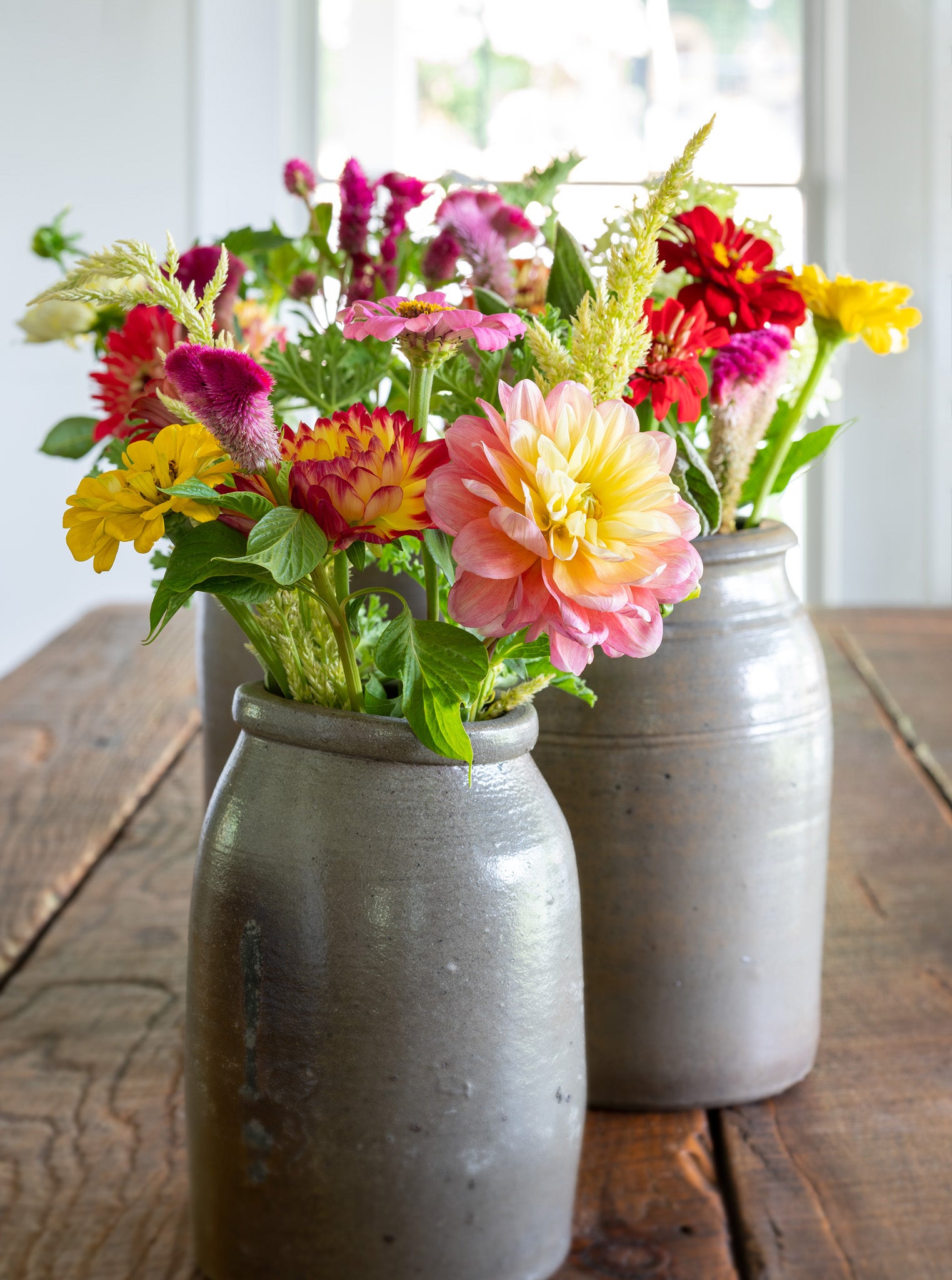 Midsummer — dahlias zinnias and celosia in antique stoneware crocks, botanical fine art photography 14x19