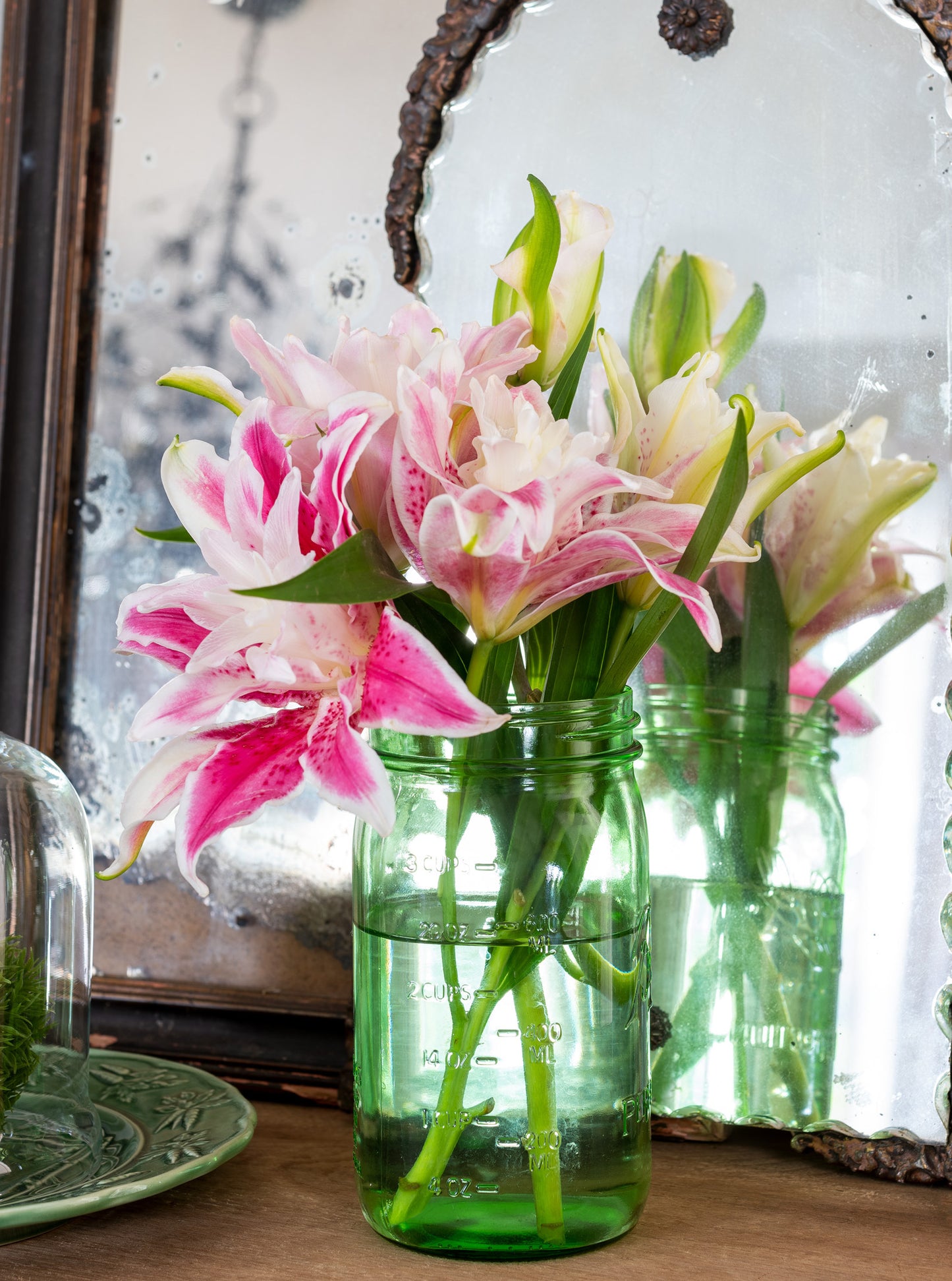 Stargazer — pink rose lilies in green glass ball jar, botanical fine art photography 14x19
