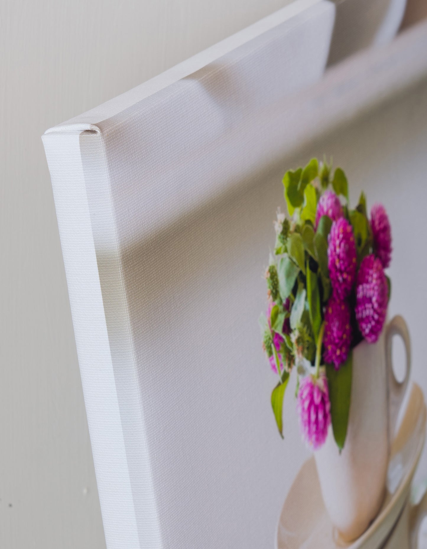 Tea For One — canvas corner detail, gallery wrapped, white border edge, 14x19