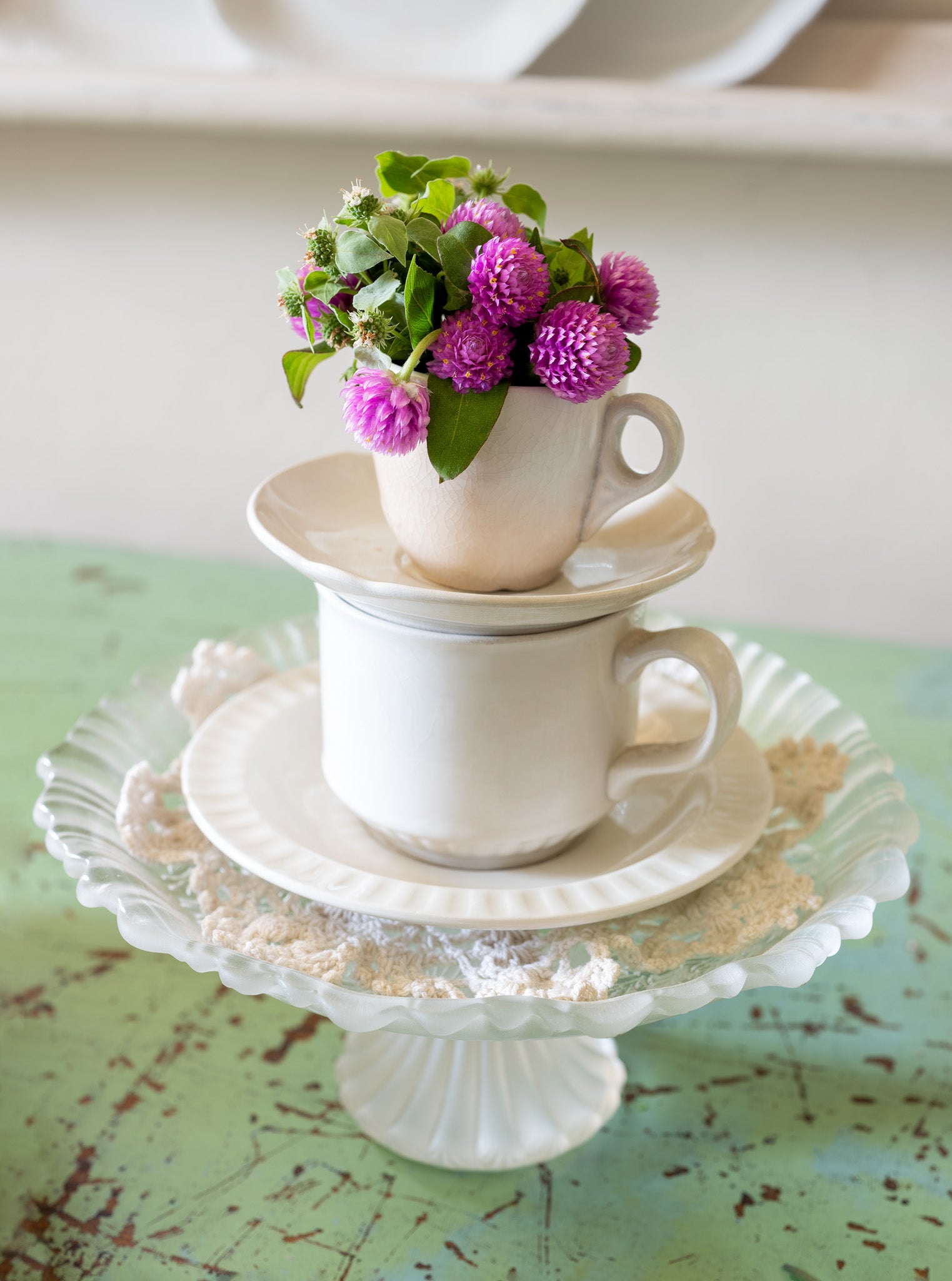 Tea For One — purple clover in ironstone teacup on milkglass cake stand, botanical fine art photography 14x19
