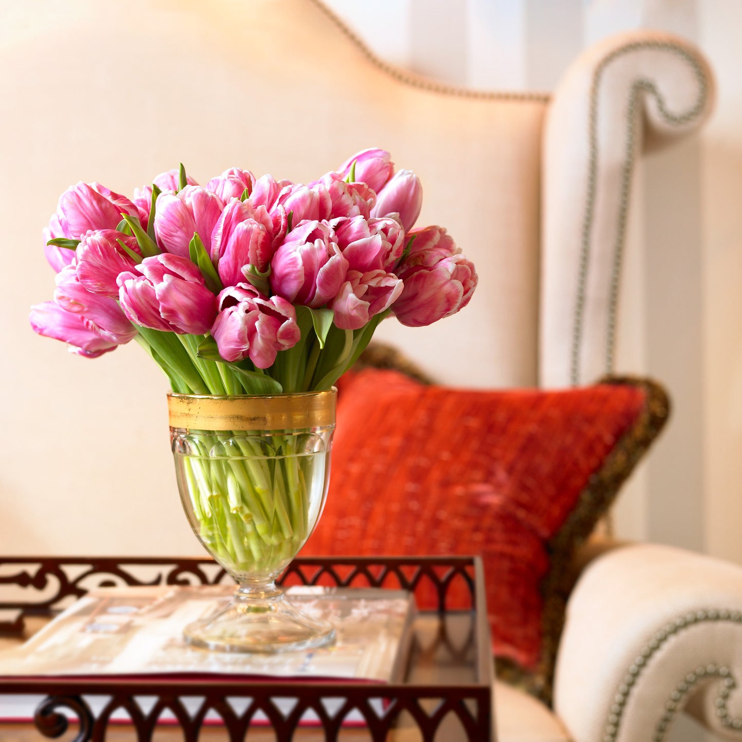 The Drawing Room — pink tulips in glass vase, botanical fine art photography 14x14